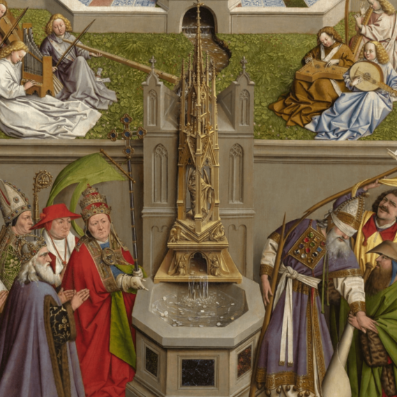 Fuente de la Gracia, taller de Jan van Eyck, Museo del Prado. Vademente